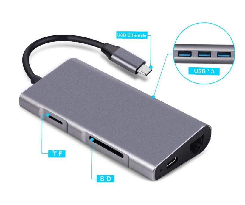 Usb type c hub 8 in 1 usb hub multi function adapter for MacBook Pro and Type C Windows Laptops 